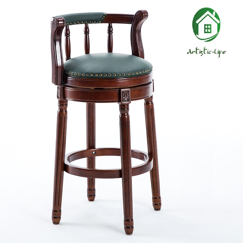 ArtisticLife-미국 단단한 나무 바 의자, 유럽식 등받이 높은 의자, 가벼운 럭셔리 레트로 가죽 회전 바 의자