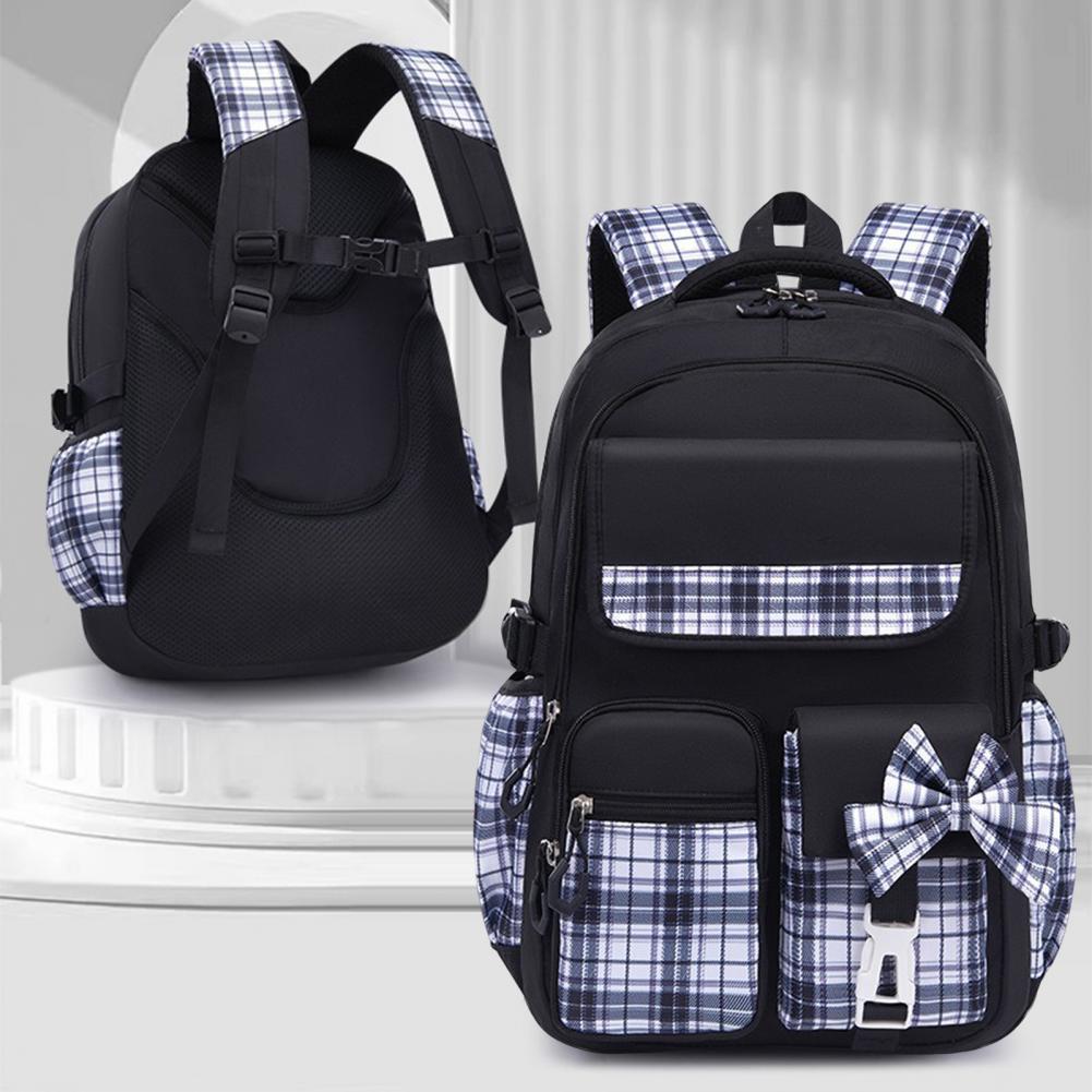Girls Backpack with Laptop Sleeve Plaid Print Elementary School Bag with Bow Decor Adjustable Shoulder Strap for Students