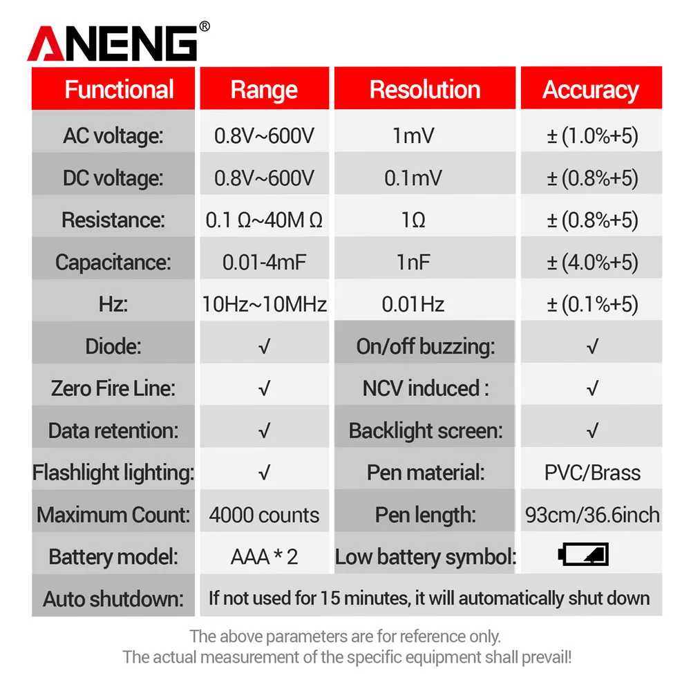 ANENG A3006 4000 Counts Multifunktionales Stifttyp-Multimeter AC/DC-Spannungsprüfer Ohm Hz Null Feuerleitungsdetektor Elektrowerkzeuge