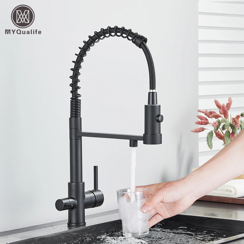 Mattschwarzer gefilterter Küchenarmatur, reines Wasser, Küchenarmatur, Doppelgriff, heißes und kaltes Trinkwasser, gereinigte Küchenmischer