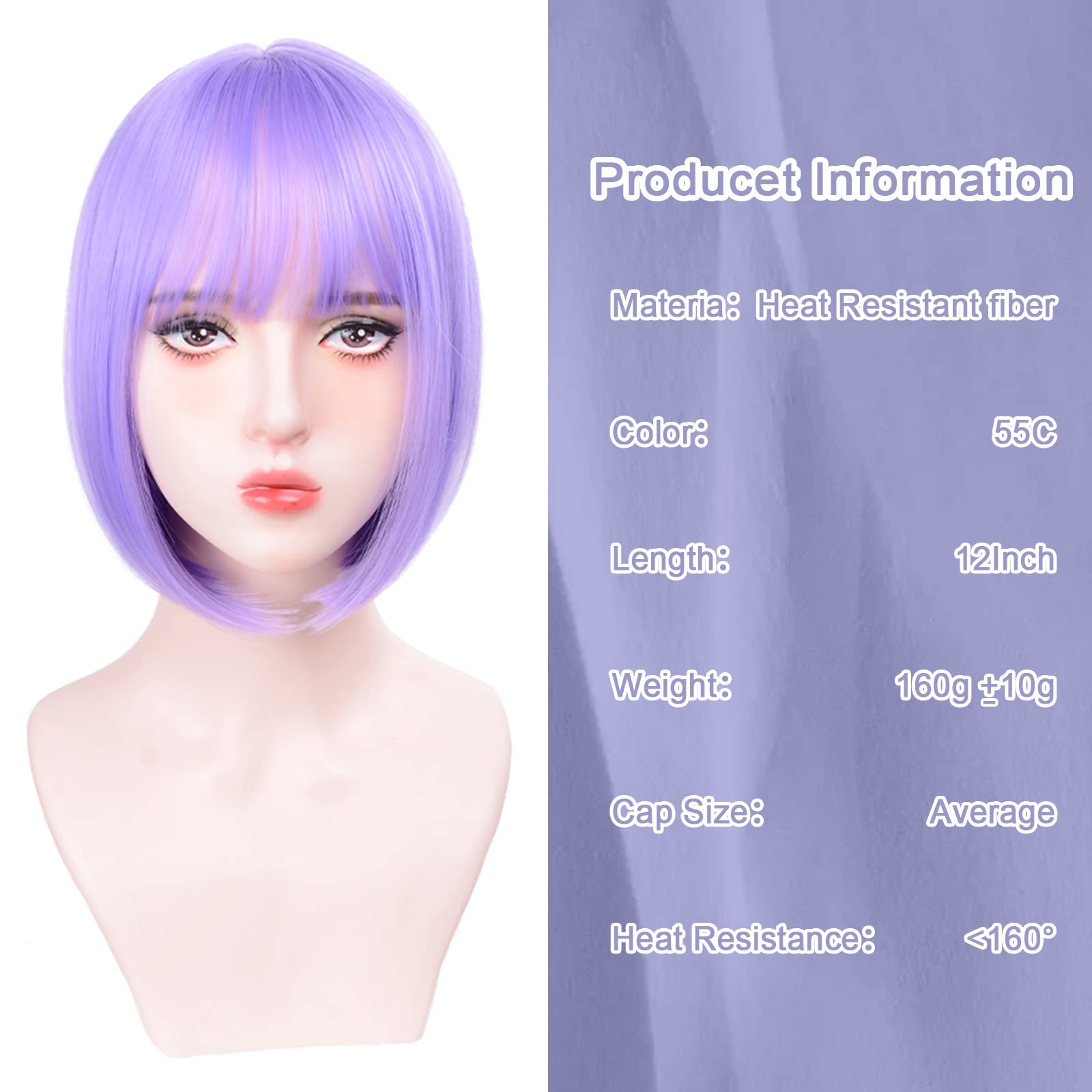 Peluca sintética de peinado bob corto y morado claro para peluca cosplay de fiesta de Halloween, conjunto de peluca de accesorios para el cabello de alta temperatura diario