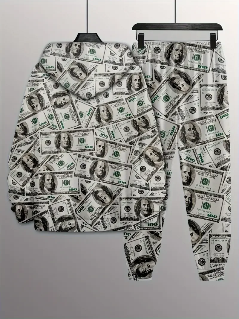Sudadera con capucha con estampado de dólar para hombre, Top de dos piezas con estampado de billetes, Sudadera con capucha informal, pantalones de chándal de moda informales