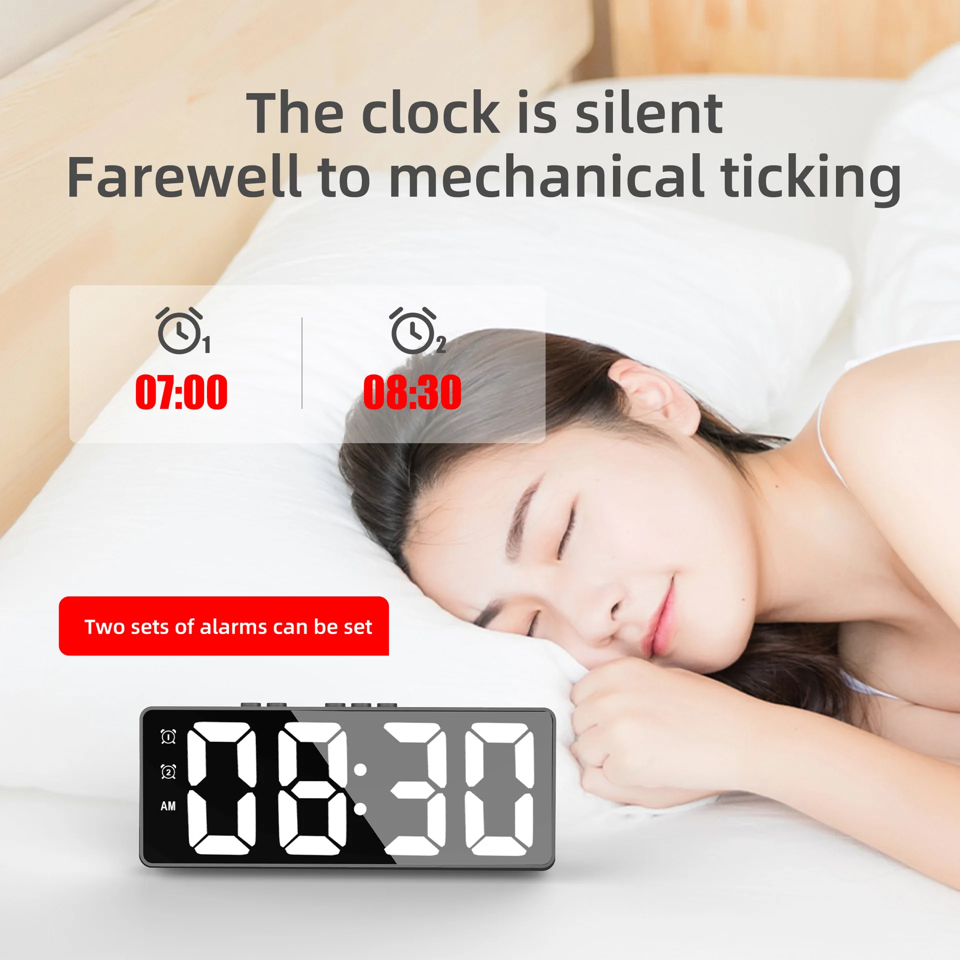 กระจก LED ตารางนาฬิกาปลุกดิจิตอล Snooze จอแสดงผลเดสก์ท็อปอิเล็กทรอนิกส์ตารางนาฬิกาเดสก์ท็อปนาฬิกา LED กระจกตารางนาฬิกา Di