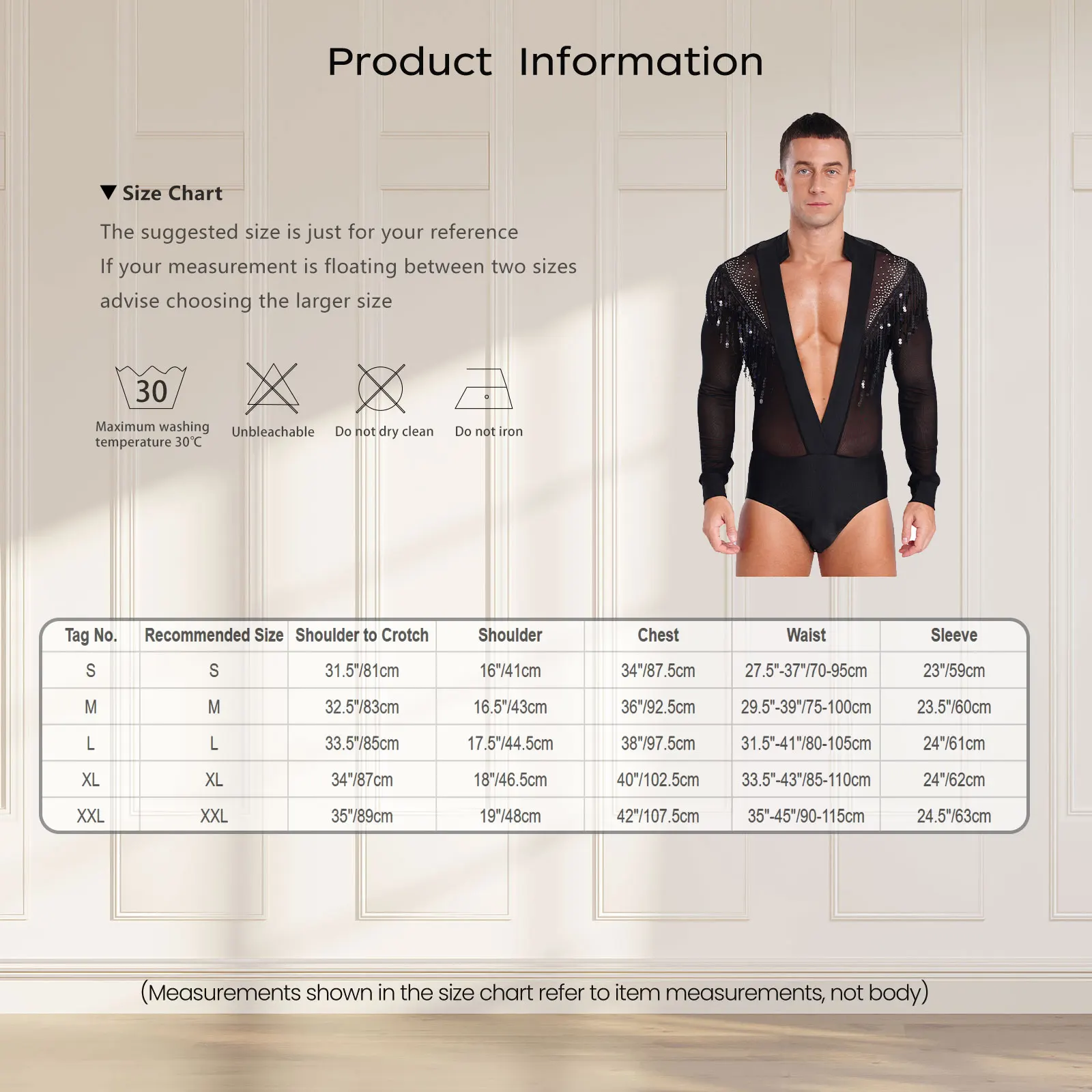 Herren-Body mit Strasssteinen, Hemd, Oberteil, durchsichtiges Netz, Pailletten, Quasten, tiefer V-Ausschnitt, lateinamerikanisches Tango-Tanztrikot, Performance-Kostüm