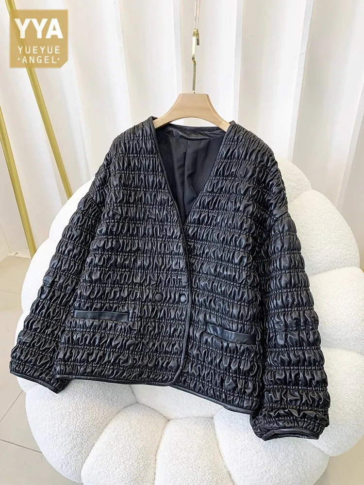Weibliche Echtes Leder Jacke Taste V-ausschnitt Lose Einreiher Natürliche Schaffell Baumwolle Classy Casual Top Qualität Büro Dame