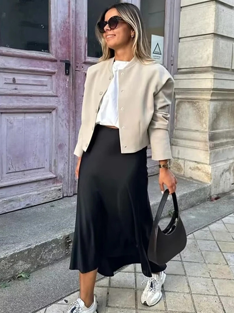 TRAF Vrouw 2024 Satijnen Rok Vrouwen Hoge Taille Lange Rokken Voor Vrouwen Zomer Zwarte Midi Rok Kantoor Elegante vrouwen rokken