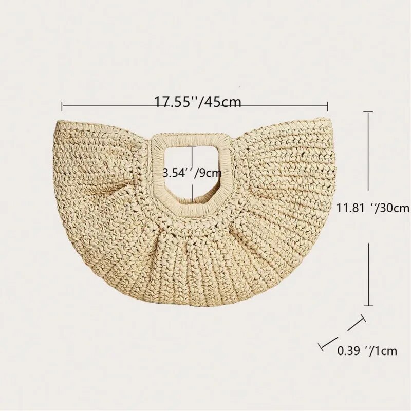 夏わら女性半月ビーチハンドバッグ籐手作りハンドルファッション Kintted トートバッグ