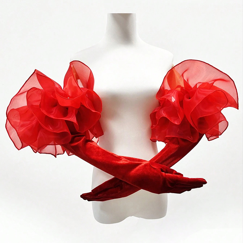 女性用ロングベルベットグローブ、特大、オーガンザ、フリル、ソリッド、ブライダル、結婚披露宴ドレス、エチケットグローブ、ハンドスリーブ、55cm