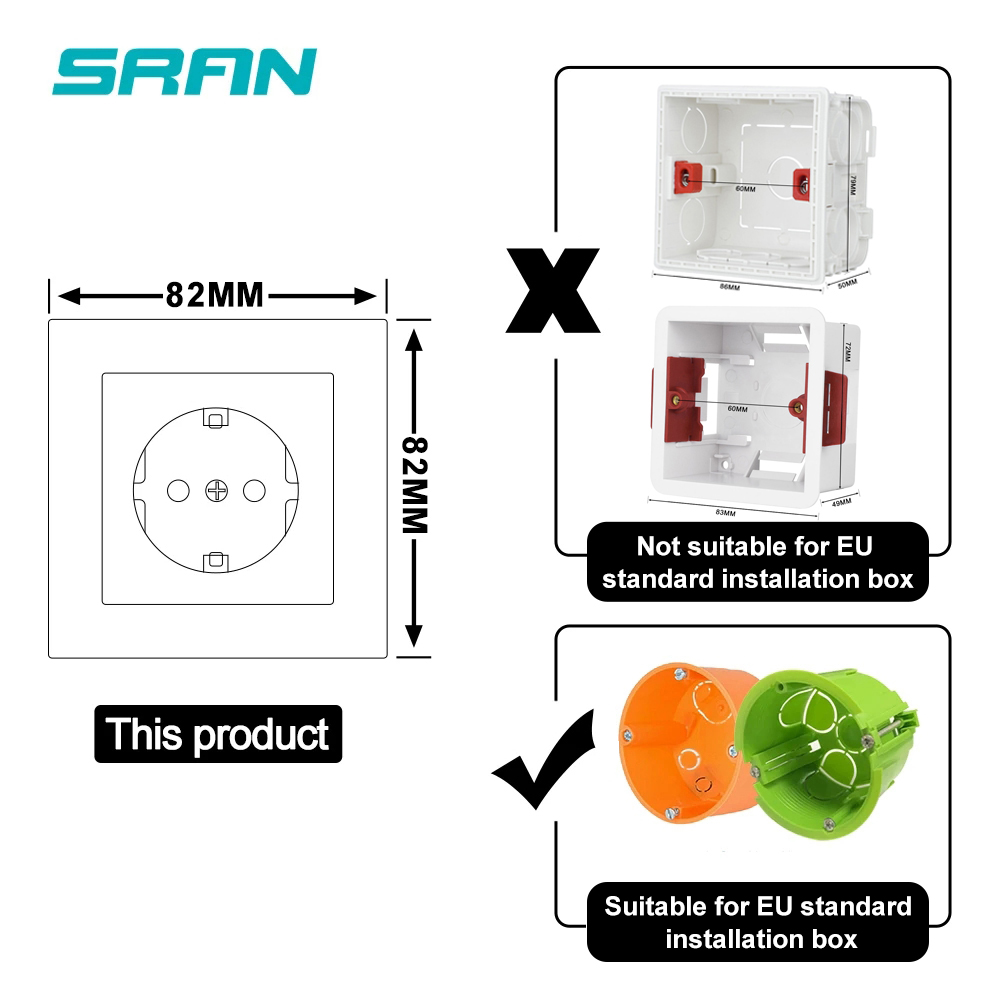 SRAN EU RU toma de corriente de pared 16A 220V 82*82mm toma de corriente de vidrio templado mejoras para el hogar Blanco/negro