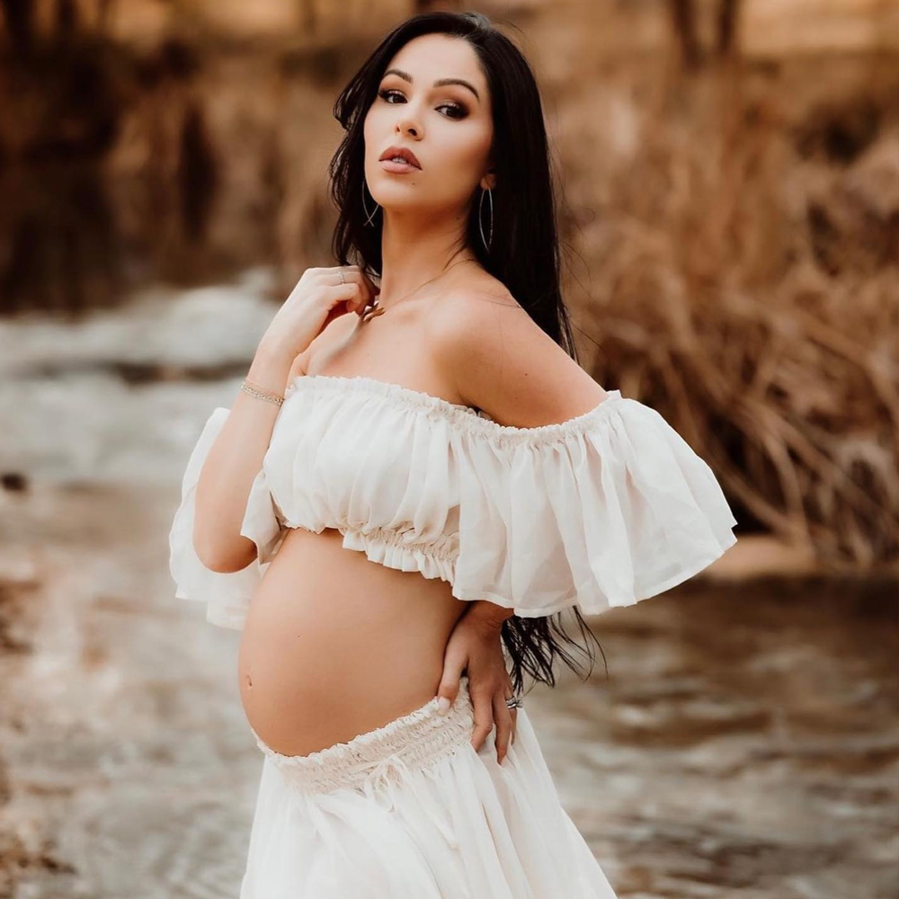 Vestido de maternidad para sesión de fotos, vestido largo de gasa semitransparente con volantes y hombros descubiertos para embarazo, vestido de fotografía para mujer