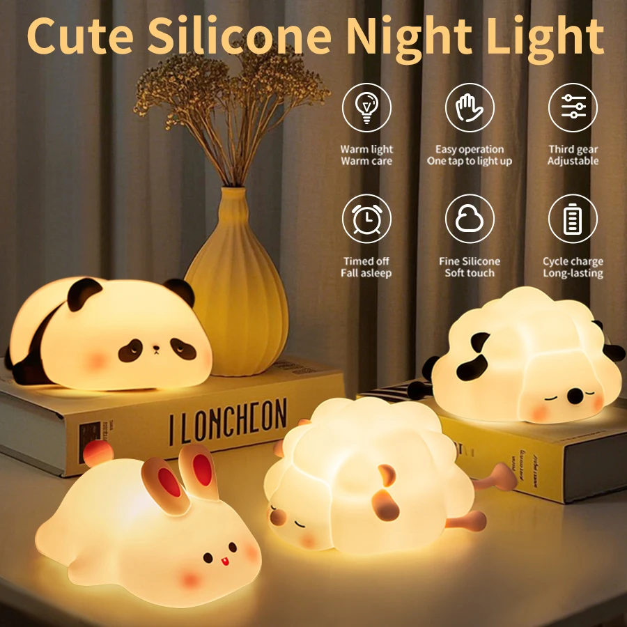Luce notturna a LED Simpatico panda Pecora Coniglio Touch Luci notturne in silicone USB ricaricabili per la decorazione della camera da letto Regalo di compleanno per bambini