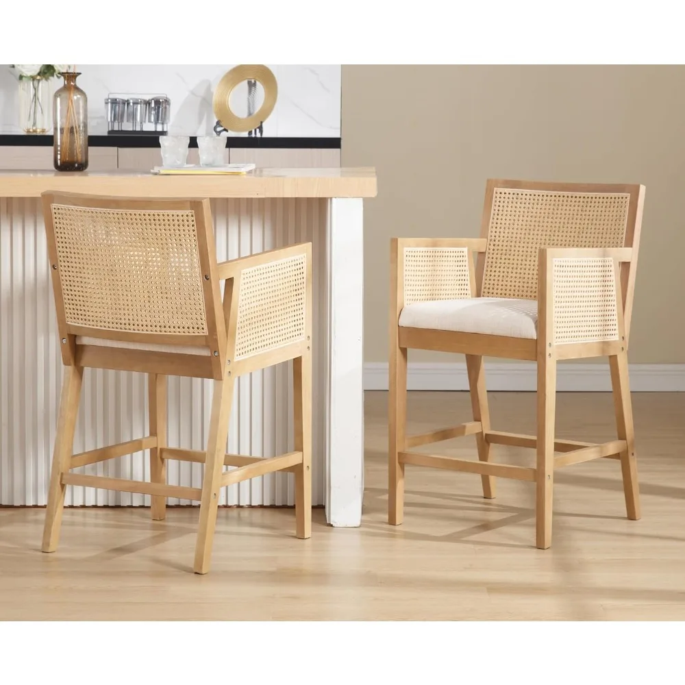 Rattan Bar Stools Set of 2 Modern Farmhouse Counter Height Barstools with Back and Arms Mid Century Natural Wood Counter Stools