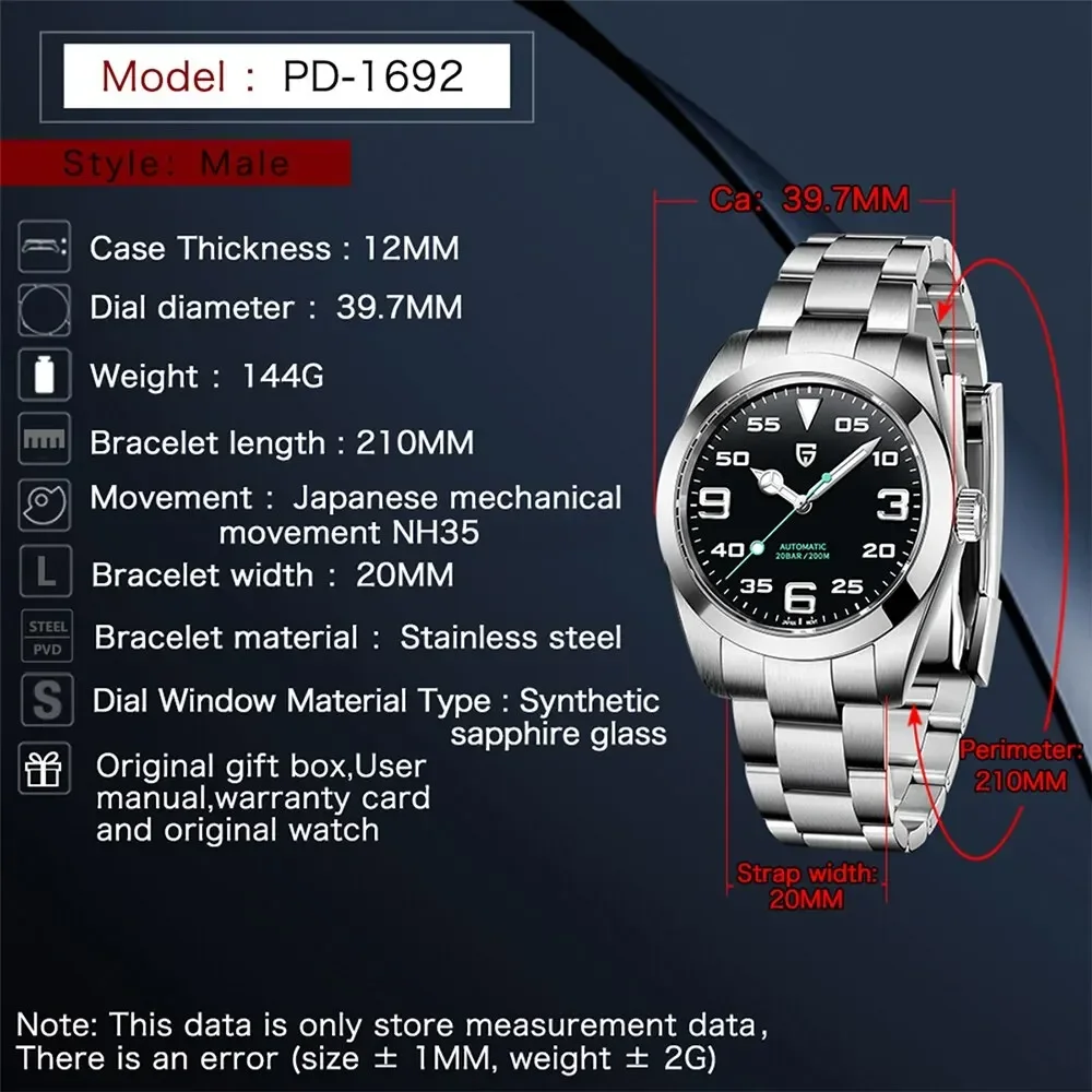 ページニ-ステンレス鋼の機械式腕時計,サファイアコーティング,防水時計,v3,40mm, PD-1692