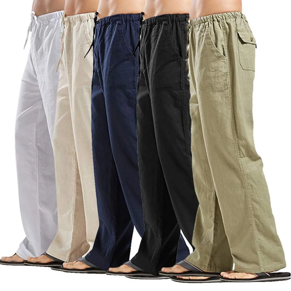 Calça de linho respirável monocromática masculina, calça de algodão casual com elástico na cintura masculina, verão