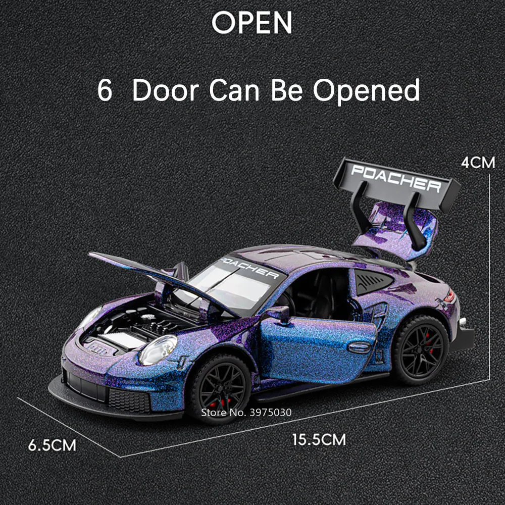 1:32 Alloy Diecast GT3 RS Toys Cars Models Wheel Pull Back 4 Doors Opened Supercar with Light Sound Sports Car Child Adult Gifts