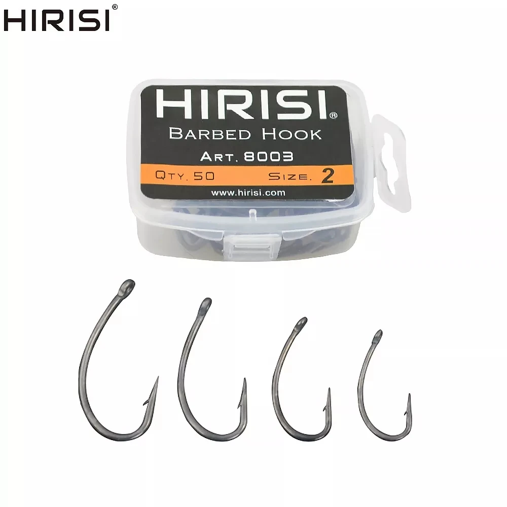 Hirisi Anzuelos de pesca de carpa con recubrimiento de 50 piezas, paquete de anzuelos de pesca de carpa con púas de acero inoxidable de alto carbono con caja Original al por menor 8003