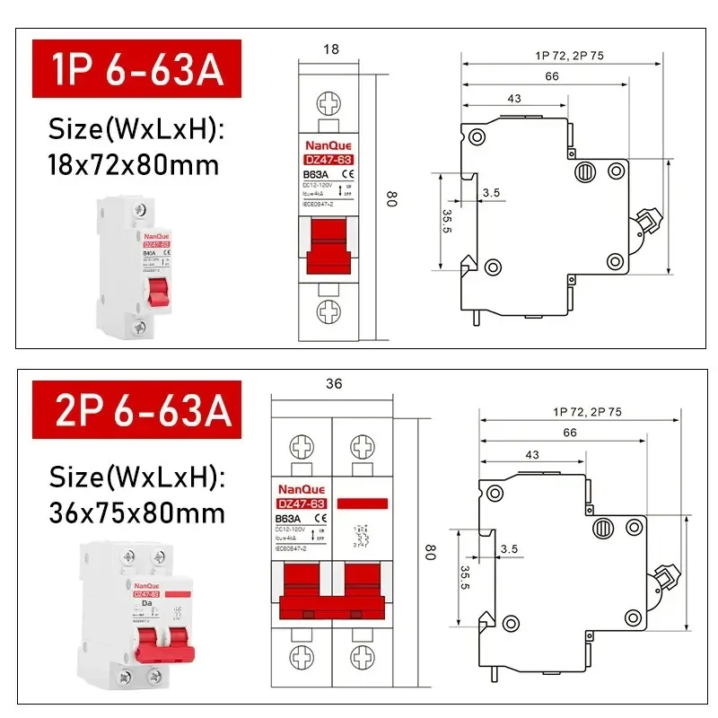 DC Động MCB 12V 24V 48V 60V 110V Bảo Vệ Ngắt Mạch Điện Tích Cực Âm Tắc Ngắn mạch 2P 10A 20A 50A 100A 125Amp