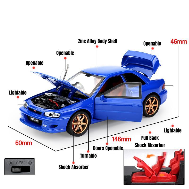 1/32 Subaru Impreza WRX 22B STI JDM Toy Car Model Diecast Metal Vehicle Miniature Sound & Light Pull Back Collection Gift Kid