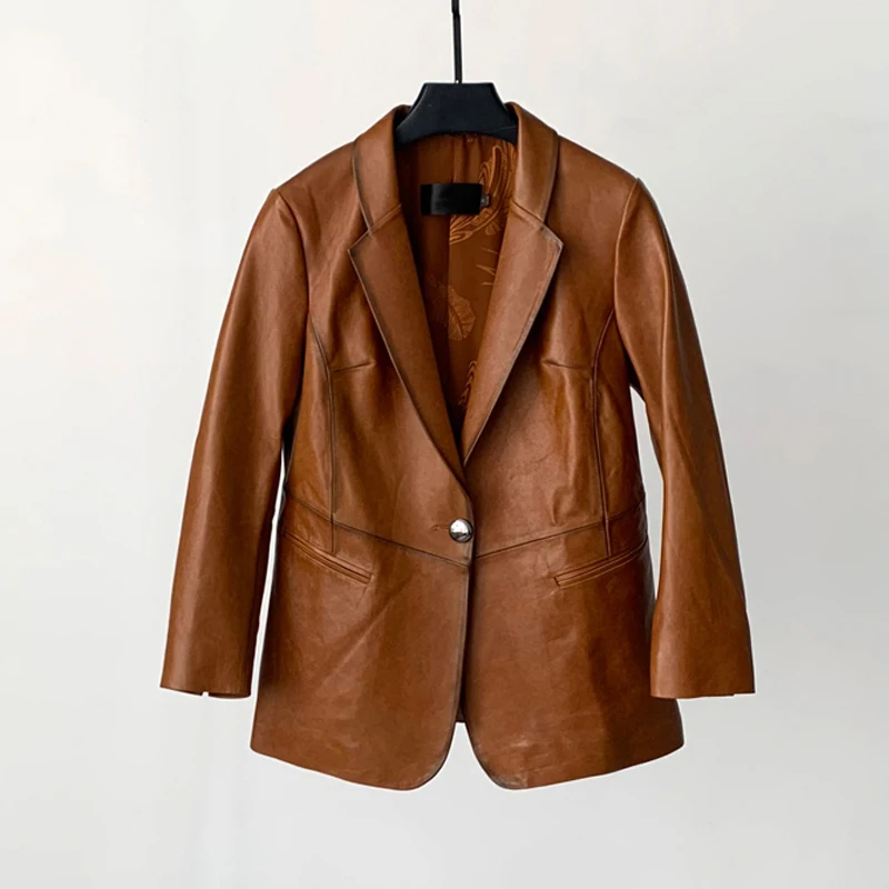 Vestes Blazer en peau de mouton véritable pour femmes, rétro, cire d'huile, nouvelle mode, bouton unique, manteaux de costume en peau d'agneau de haute qualité, 2025