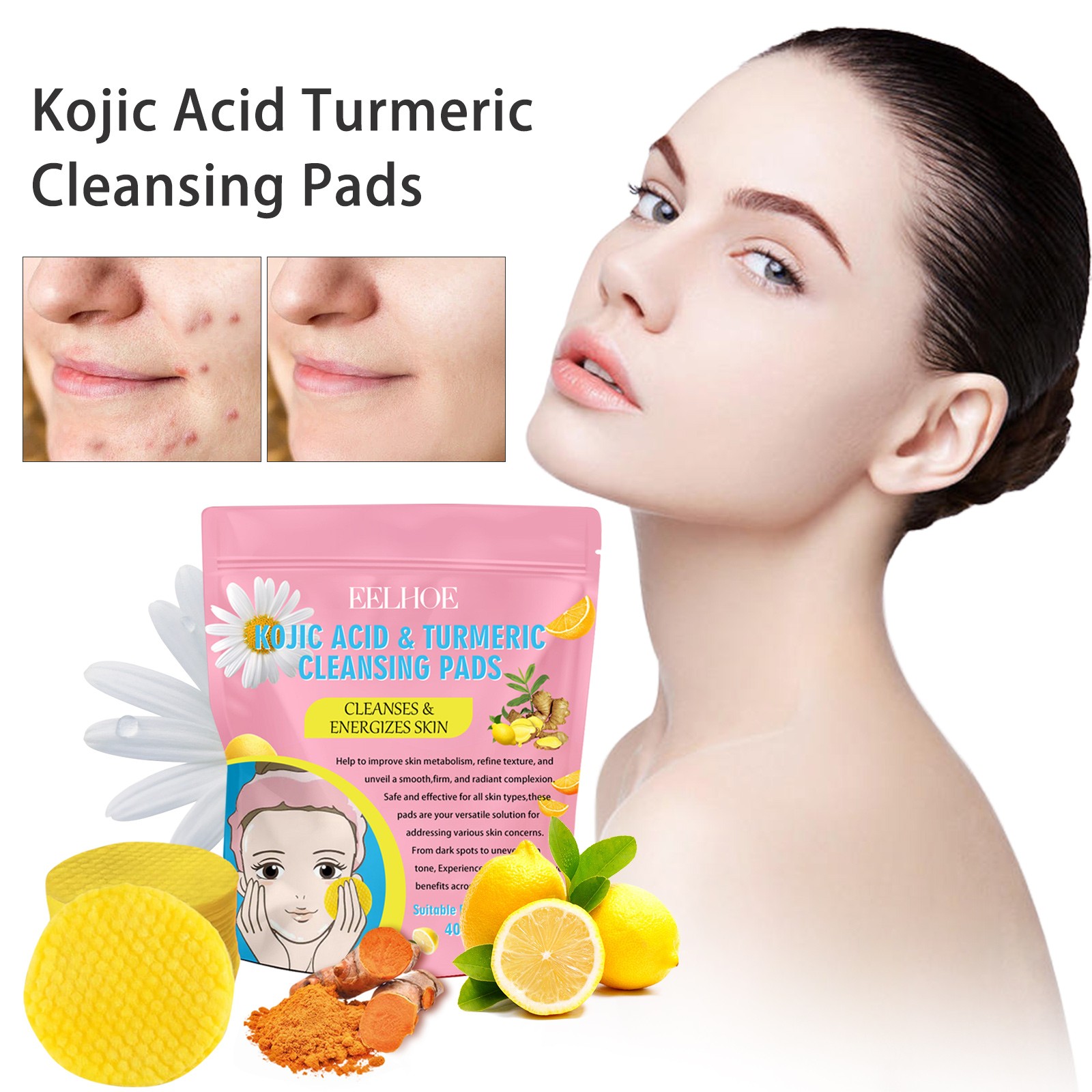 Almofadas De Limpeza De Ácido De Cúrcuma, Esponjas Faciais Esfoliantes Para Limpeza Diária, Presente De Cuidados Com A Pele, Almofadas De Limpeza, 40PCs