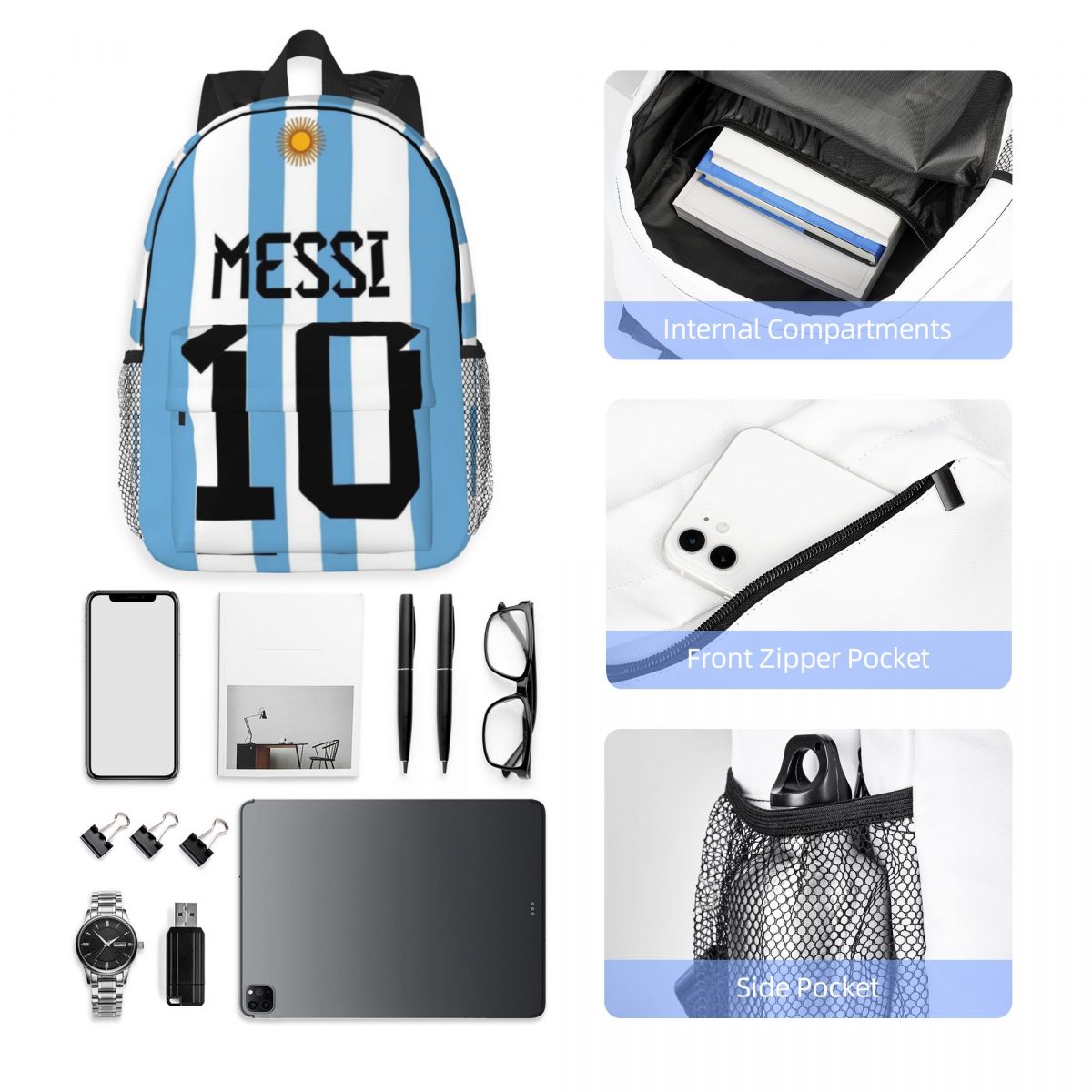White-Blue Style Messi No.10 For Girls Boys Large Capacity Student Backpack Lightweight waterproof Backpack 15inch