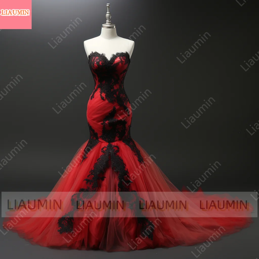 New Red and Black Lace Edge Applique Strapless Ball Gown Mermaid Full Length Evening Dress Formal Occasion Customized W3-2