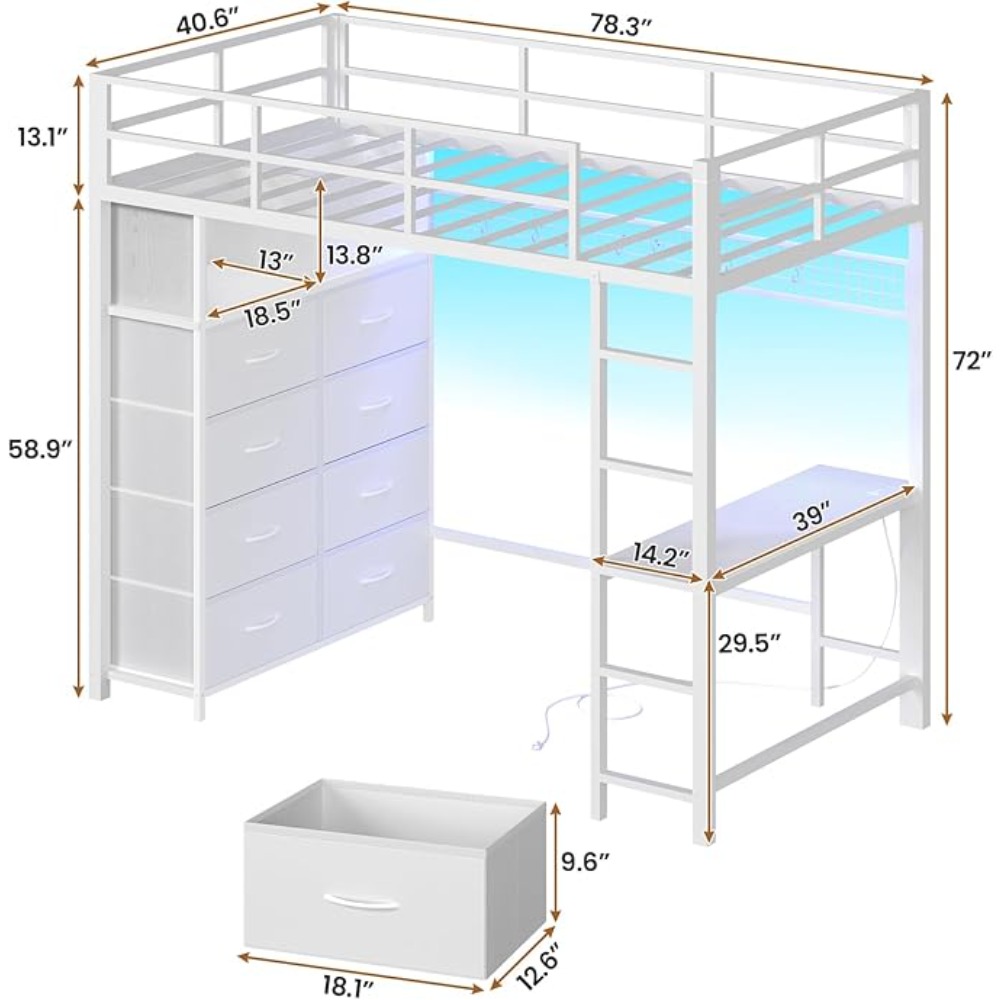 Twin Loft Bed with Desk & 8 Drawers Tall Dresser, Metal Loft Bed with LED Lights & Charging Station, 2-Tier Storage Shelves