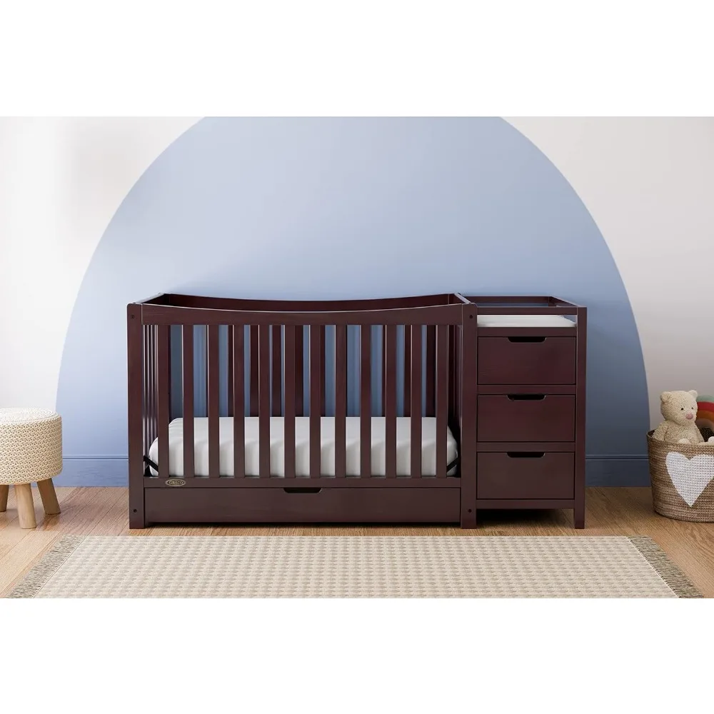 New 5-In-1 Convertible Crib & Changer with Drawer Crib and Changing-Table Combo, Includes Changing Pad, Converts To Toddler Bed