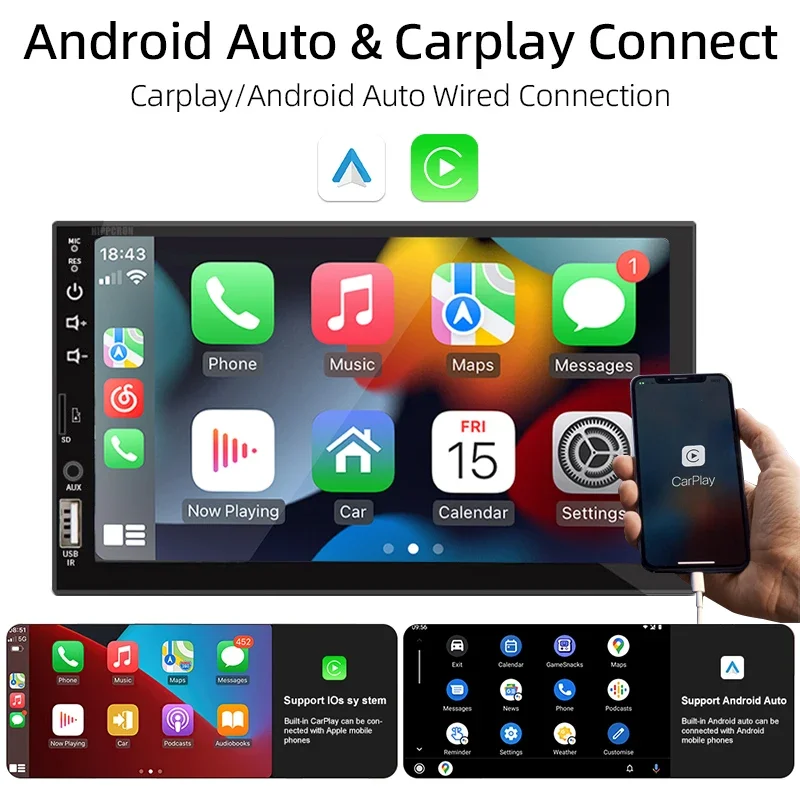 Hippcron 7 inch Autoradio 1 Din CarPlay Android Auto Universele MP5 Speler Auto Audio USB TF Bluetooth Ondersteuning Achteruitrijcamera