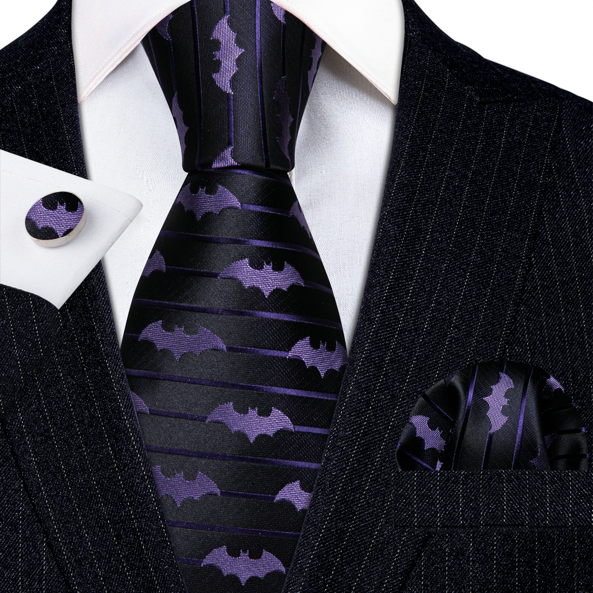 Barry.Wang corbata de murciélago de seda púrpura para hombres novedad Animal raya negra Ncektie bolsillo cuadrado gemelos conjunto FA-6210 de fiesta de boda