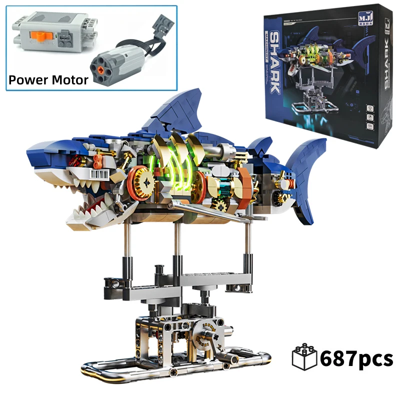 Creative STEM Educational Mechanical Shark Ocean Animal Electric Toy Building Blocks Model Set MOC Style Assembly Bricks for Kid