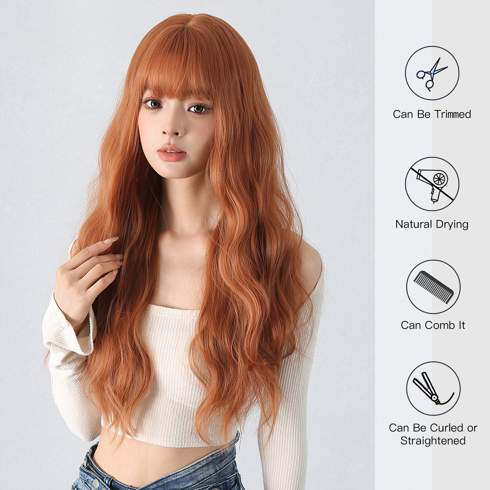 Perucas de cobre gengibre vermelho marrom longo fofo ondulado perucas sintéticas com franja peruca de cabelo cosplay para mulheres diariamente natural resistente ao calor
