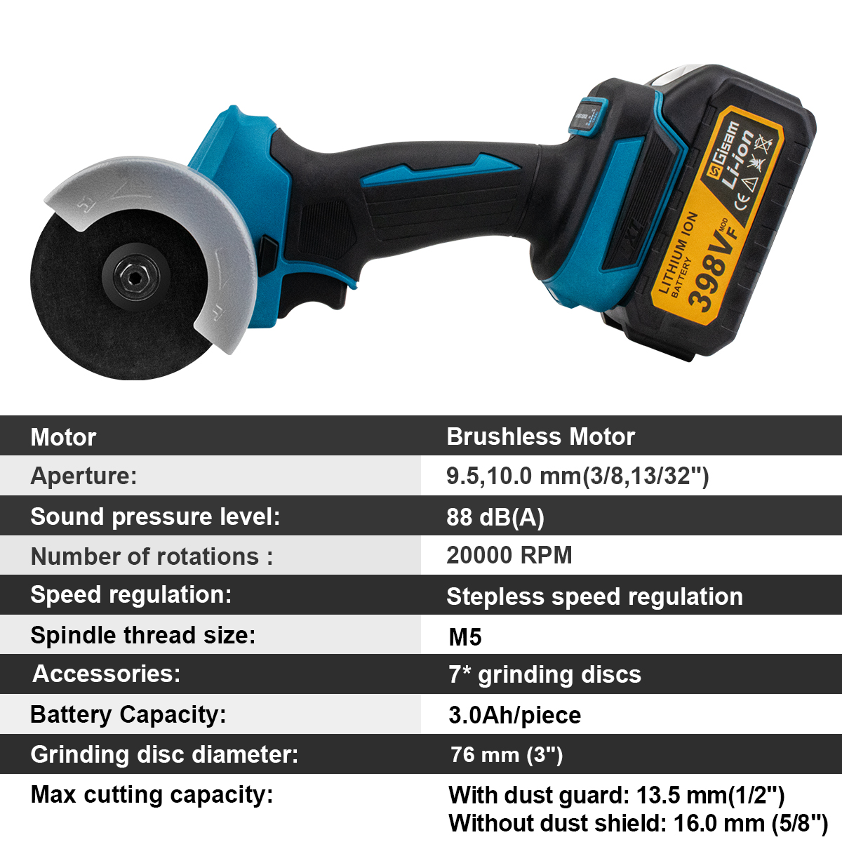 Gisam 76mm Brushless Angle Grinder Grinding Cutting Machine Cordless Electric Angle Grinder Power Tools for Makita 18V Battery