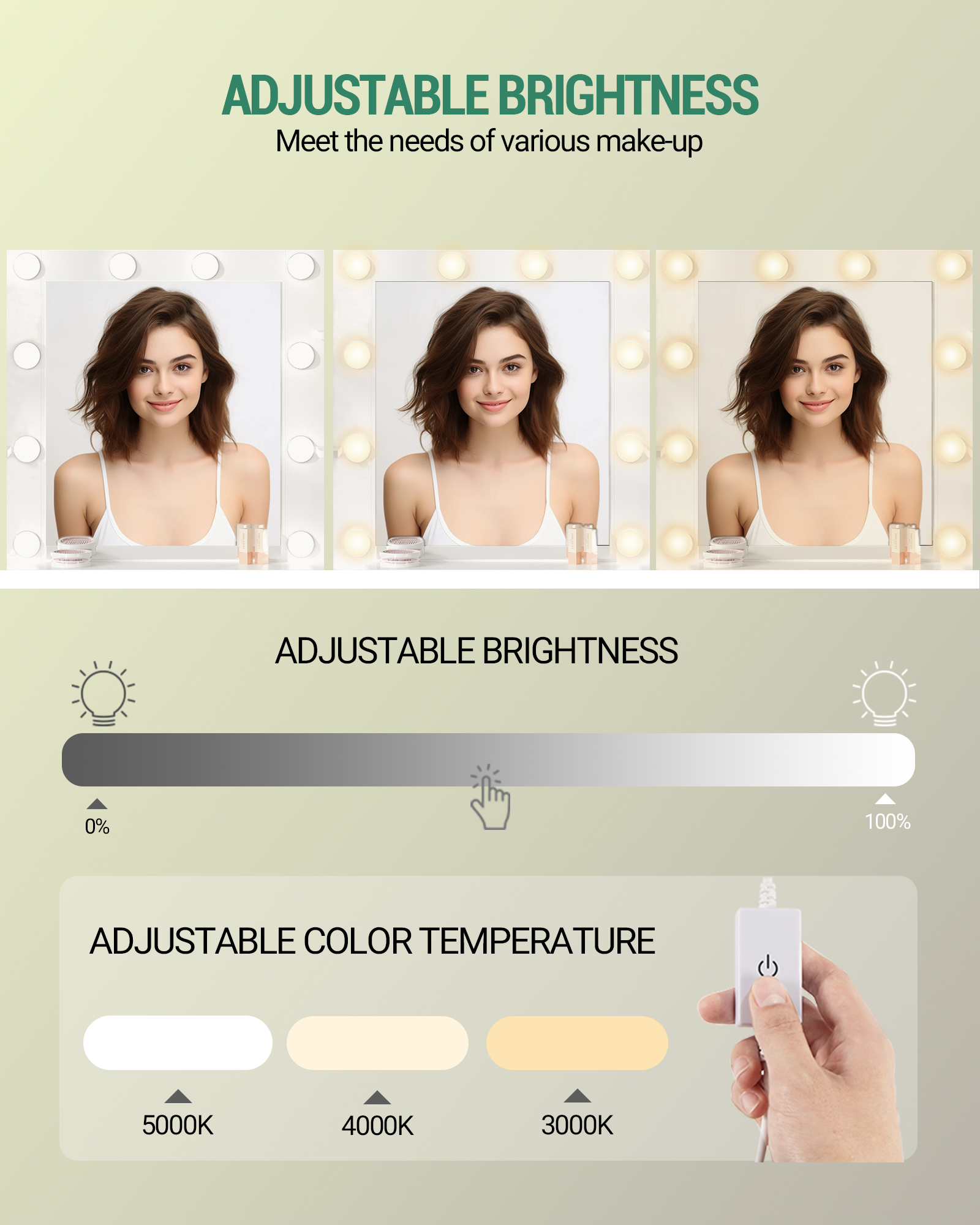 Hzuaneri Tocador con 10 bolas de luz LED, brillo ajustable, espejo HD grande, 1 cajón grande y 8 gabinetes de cajones pequeños