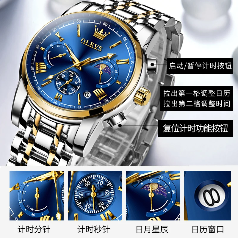 Marca OLEVS, certificación Original, relojes para hombre, fase lunar, reloj de cuarzo resistente al agua para hombre, cronógrafo, calendario, reloj de moda