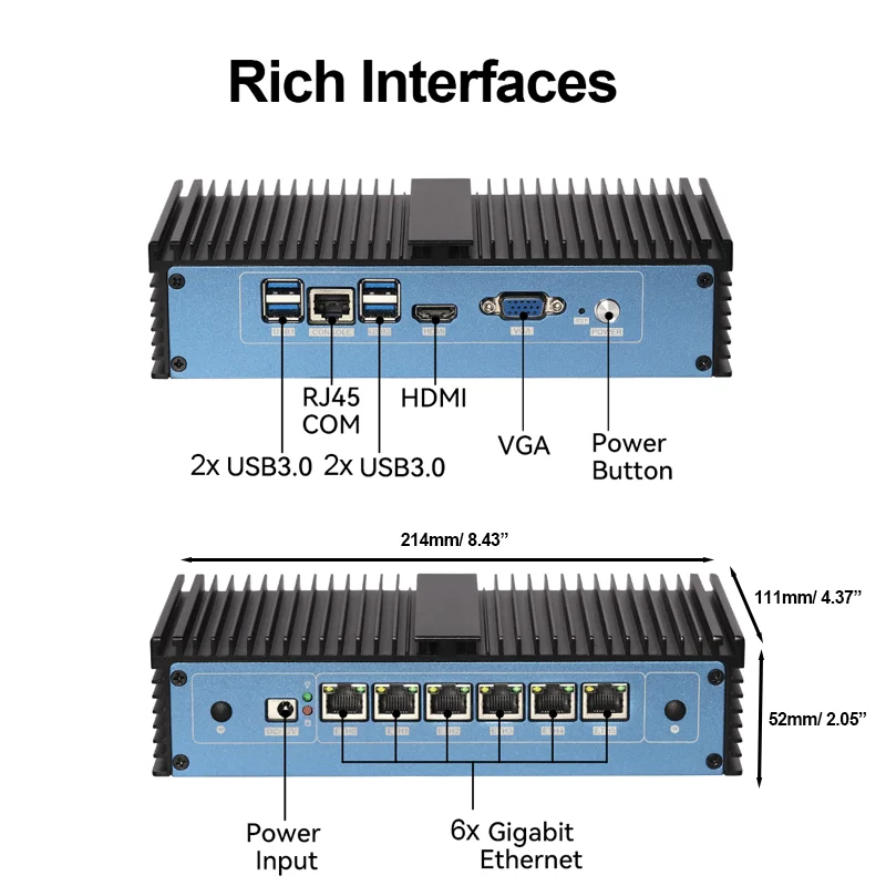 XCY Pfsense Firewall Router Mini PC Intel Core i7-6500U 6x Intel Ethernet i211AT Puertos LAN Compatible con WiFi 4G SIM Win 10/11 Linux