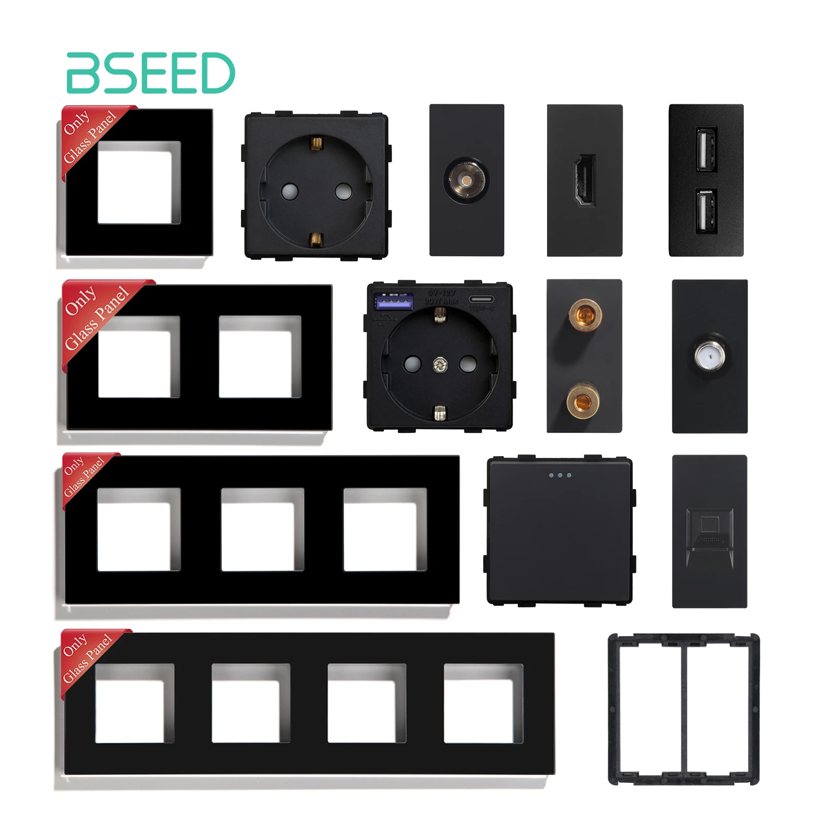 Стандартная стеклянная розетка BSEED EU RJ45 PC CAT5 TV/ST HDMI Детали розетки Настенная розетка с механическим кнопочным переключателем USB Type-C