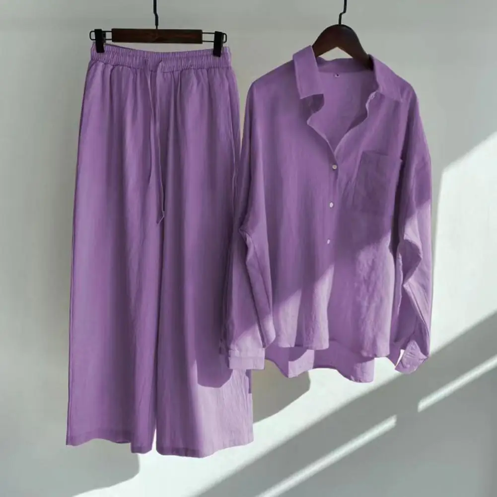 Conjunto de 2 unidades de Tops y pantalones elegantes para mujer, conjunto de traje de Color sólido para mujer, conjunto de traje transpirable de cintura alta con cordón