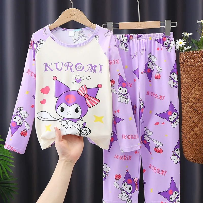 Sanrio-Conjunto de pijama de seda de leche para niños, pijama Kawaii Sanrioed de Anime Cinnamoroll Kuromi, ropa de casa para niños, otoño 2024