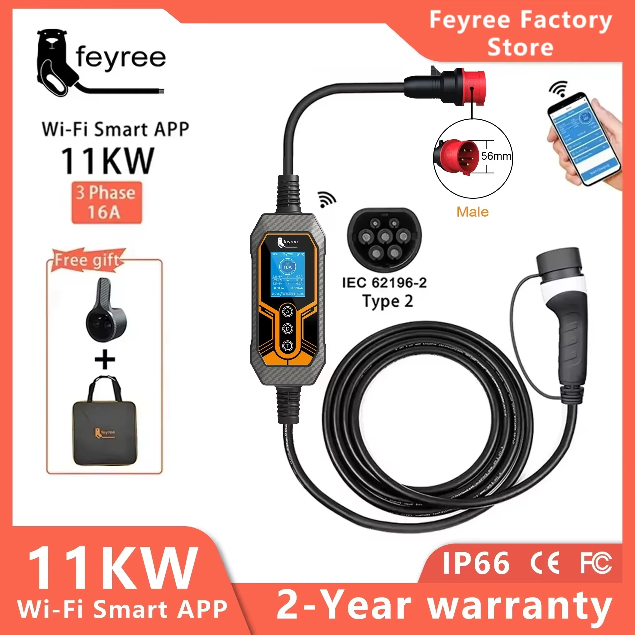 Przenośna ładowarka EV Feyree Typ 2 11kW 16A 3-fazowa Wi-Fi APP Bluetooth Wersja EVSE Kabel ładujący 5m Wtyczka CEE do samochodu elektrycznego