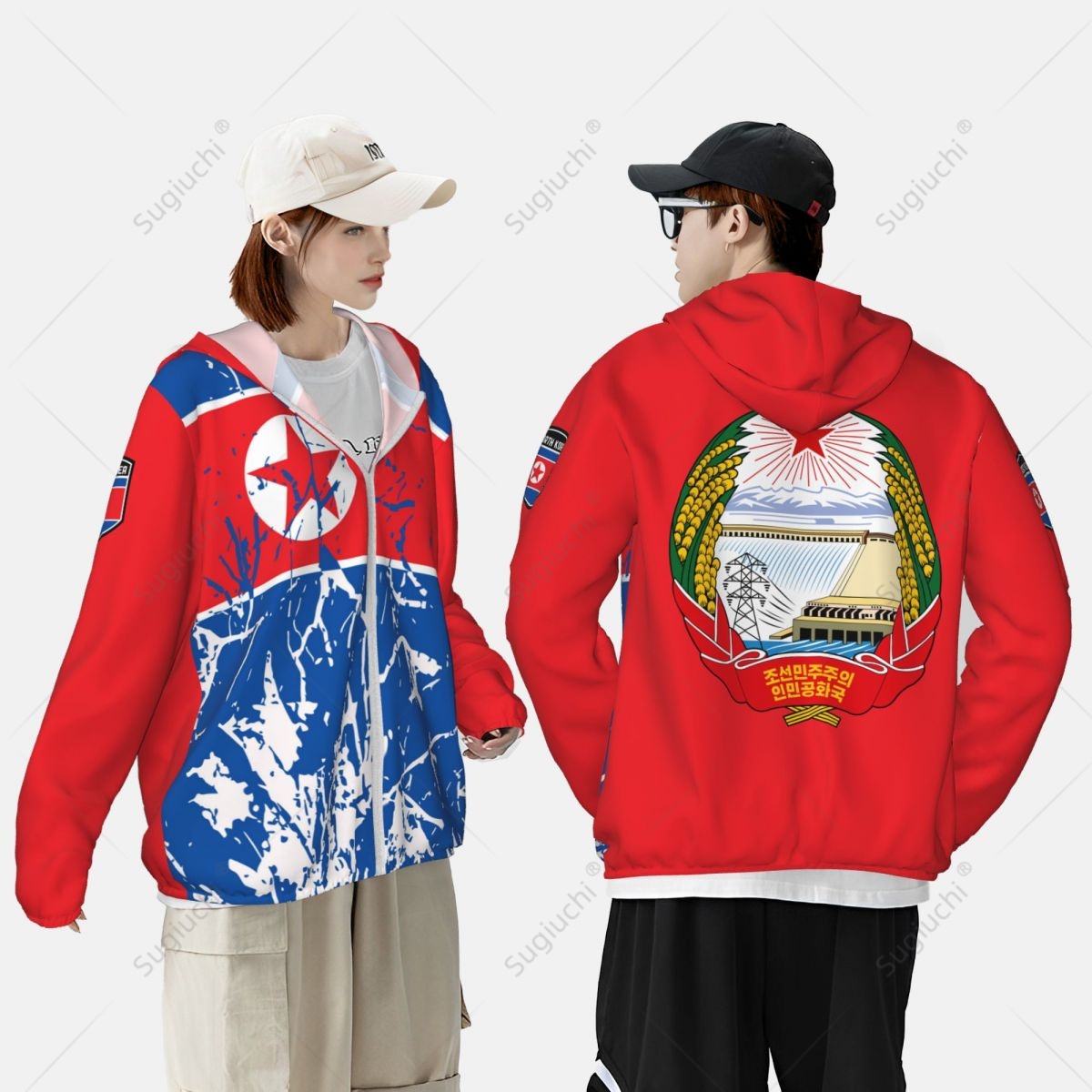 Bandeira da Coreia do Norte Proteção solar Hoodie Protetor solar Roupas Pesca Ciclismo Correndo Secagem rápida Manga longa com zíper Poliéster