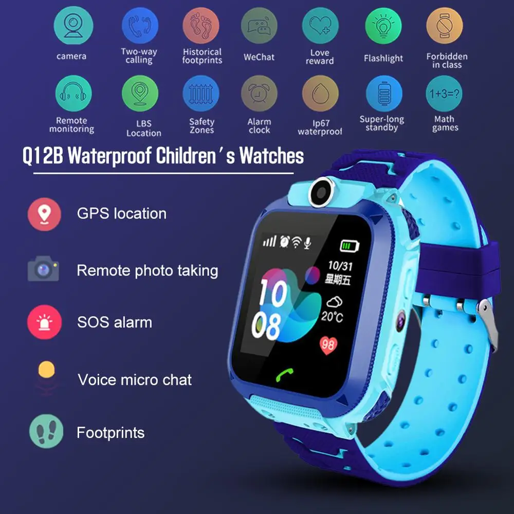 Q12B เด็กสมาร์ทวอท์ช Android ใส่การ์ด2G กันน้ำระยะไกลเครื่องหาตำแหน่งกล้อง Call Anti-Lost Smart Wristba