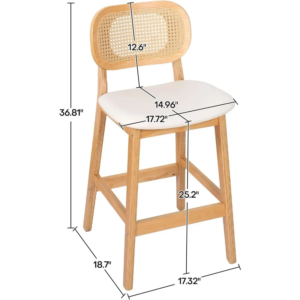 Rattan Bar Stools Set of 3, 25" Mid Century Modern Counter Height Stools, PU Leather Upholstered With Cane Back, Wood Nature