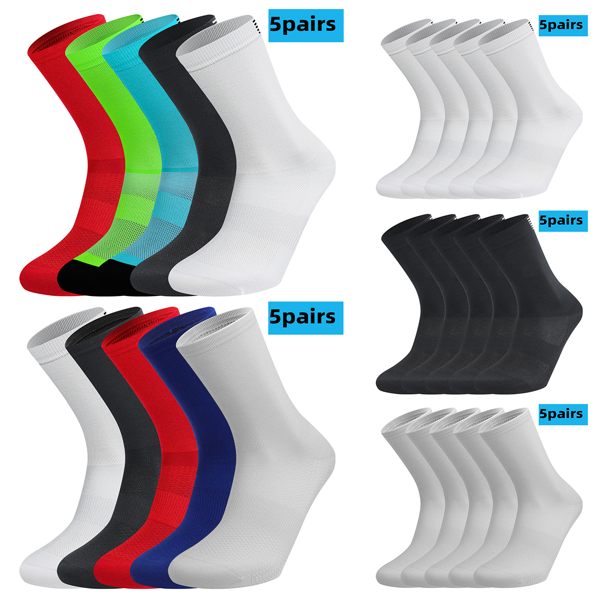 5 Paar Fahrradsocken für Herren und Damen, atmungsaktiv, Crew-Fahrrad-Laufsocken, modisch, Kompression, Klettern, Reisen, Wandern, Socken