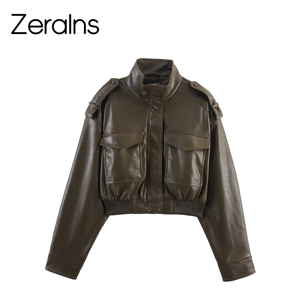 ZERAINS Herbst neue frauen casual tasche strap dekoration glänzende oberfläche kunstleder stehkragen langärmelige kurze jacke