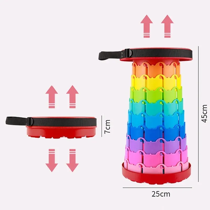 2025 1PC Sgabello pieghevole arcobaleno Altezza regolabile Materiale PP Portatile pieghevole compatto per attività all'aperto di pesca in campeggio