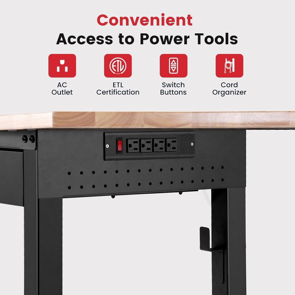 Work Bench with Ders Adjustable Workbenches or Garage 60 Inch Rubber Wood Top Garage Workbench with Pegboard,Power Outlets or Wo