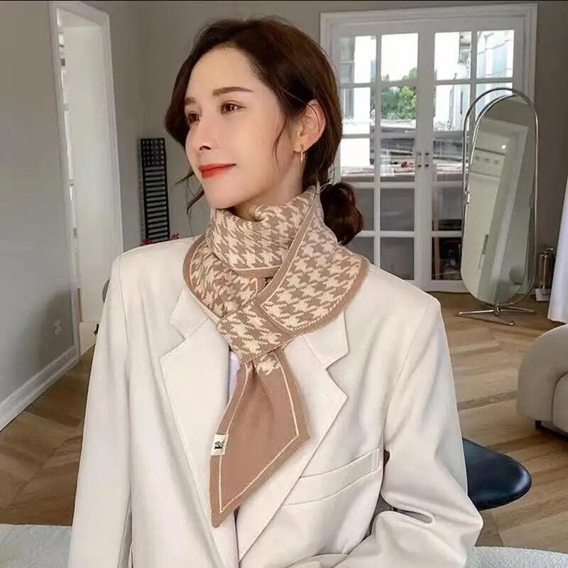 Lenço instantâneo de malha dupla moda xadrez cachecol feminino outono inverno grosso quente ao ar livre pescoço cachecol 110*11cm