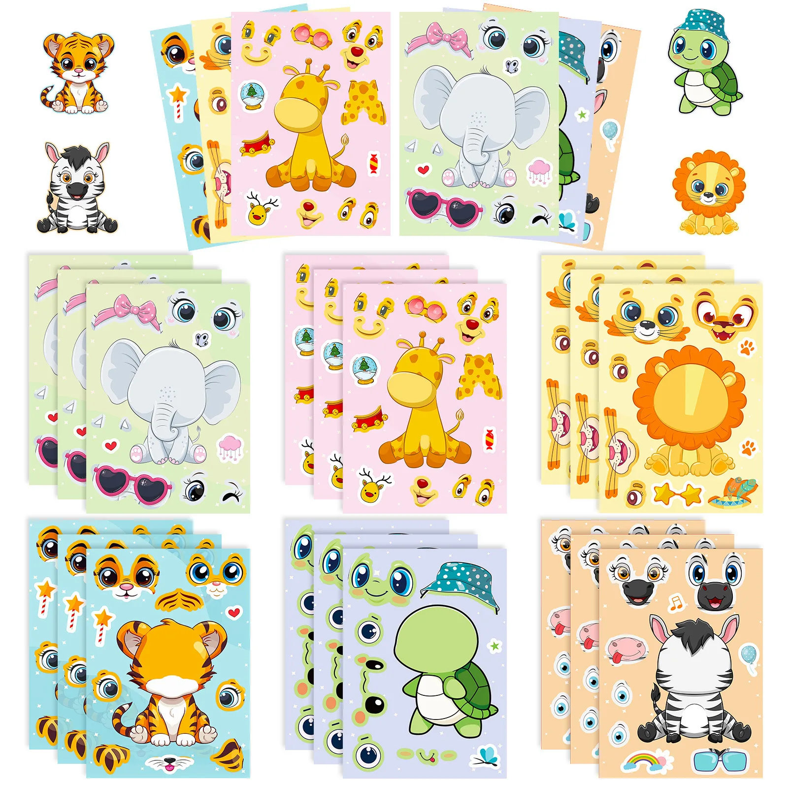 6 fogli carino Cartonn puzzle fai da te adesivi giochi animali creare una faccia divertenti assemblare adesivi Decor