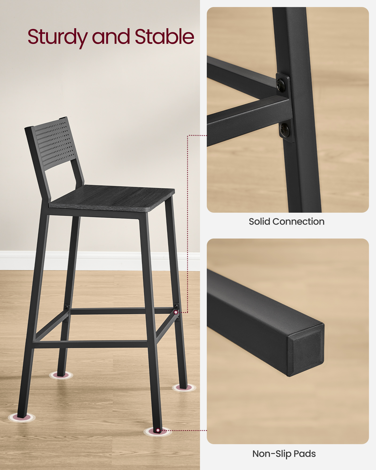 VASAGLE Breakfast Kitchen Bar Stool Set of 2, Counter Chairs, for Kitchen, Dining Room, Office, Industrial Style